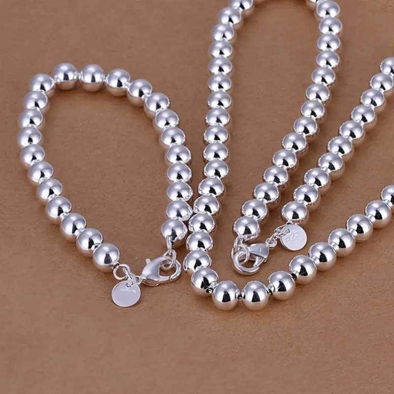[Sterling Silver Fashionable Bead Chain] 2pcs Set of 925 Sterling Silver Fashionable Men'S And Women'S Creative Bead Chain Bracelet - Hypoallergenic - Necklace Bracelet Jewelry Set Combination 2 Sets of Gifts - Suitable for Daily Party Wear