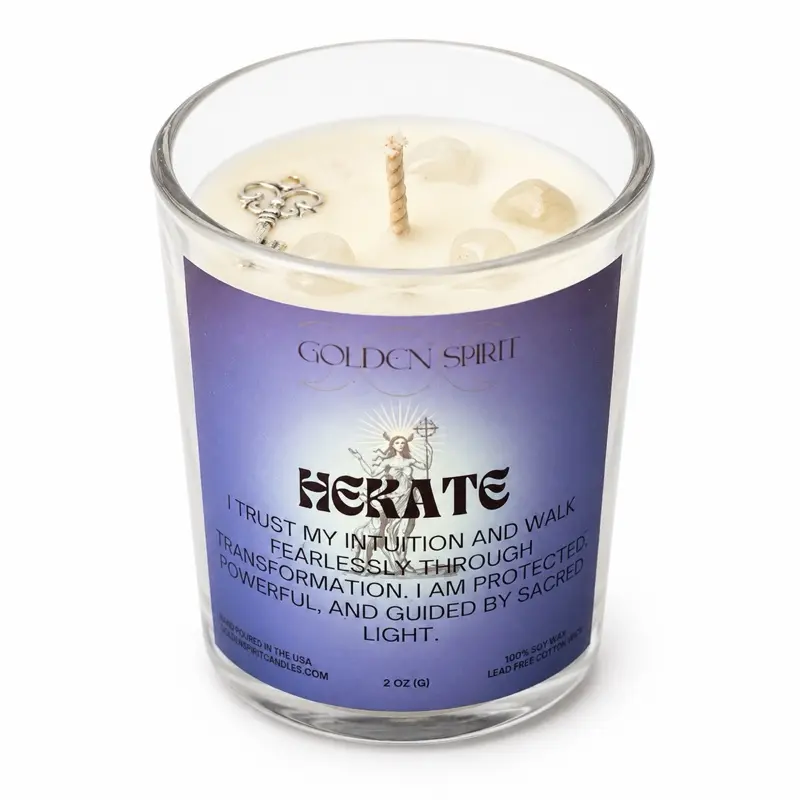 Golden Spirit Hekate Crystal Infused Candle 2 oz Trust Intuition & Transformation Sacred Light Aroma