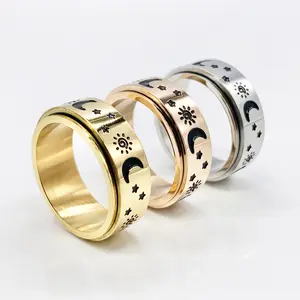 8mm Wide Spinner Ring Moon and Stars Worry Ring, Rotating Ring for Anxiety and Stress, Spin Fidget Ring help Worry Dermatillomania Skin Picking Adhd