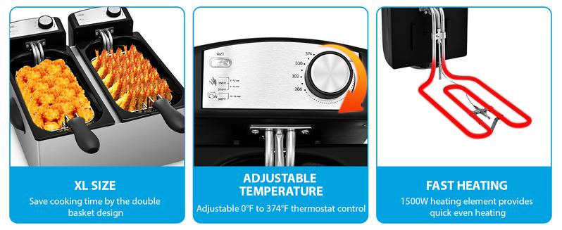 SUSTEAS Electric Double Deep Fryer with 2 Baskets & Lids, 3L Stainless Steel Removable Double Fryer,Temperature Control,Overheat Protection,3000W Household Appliances