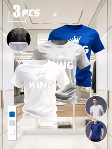 3-Piece Men's Cool King Graphic Tees | Crown Print Quick Dry Short Sleeve Shirts, Casual Streetwear Tops for Daily & Gym Wear