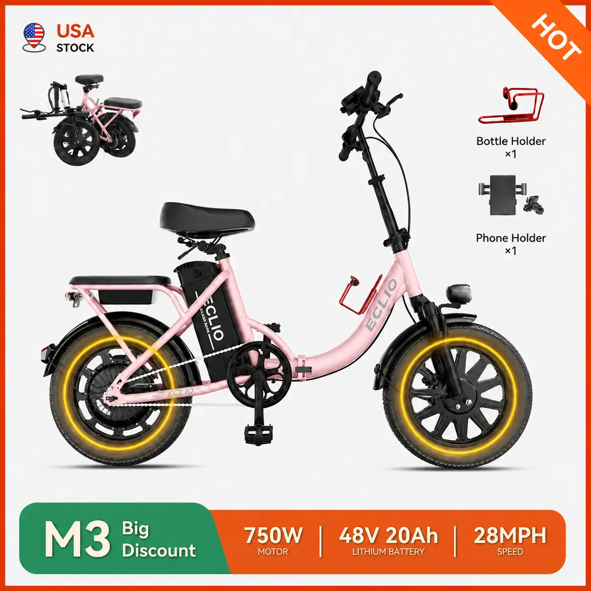 ECLIO M3 Folding Off-Road Ebike 750W 28MPH, 48V 20Ah Long Range 50-70 Miles Electric Bike, Full Suspension High Carbon Steel 14 Inch All Terrain Mountain E-Bike UL2849 Certified Disc Brakes Summervibes