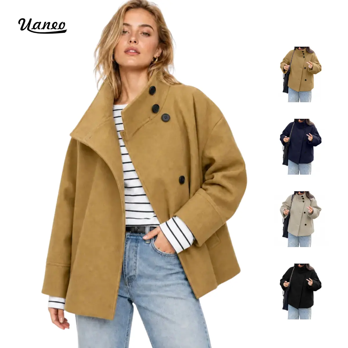 UANEO Women Oversized Wool Blend Crop Pea Coat, Fall Winter Loose Casual Short Jacket With Pockets, Womens Outerwear