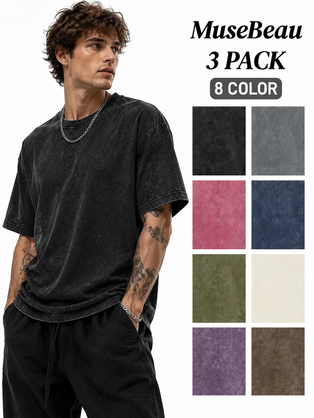 MUSEBEAU Unisex 3-Pack 240g 100% Cotton Vintage Acid-Washed Heavyweight Oversized T-Shirts - Crew Neck Short-Sleeve, Casual Retro Loose-Fit Solid Streetwear,Soft Breathable Comfortable Basic Tops for Everyday Wear,All Seasons,Women's Clothes,Womenswear