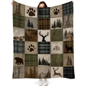 Rustic Cabin Lightweight Blanket Wildlife Hunting Bear and Deer Brown Green Plaid Patchwork Lodge Blankets Soft Cozy Flannel Fleece for Living Room Bedroom Couch Camping