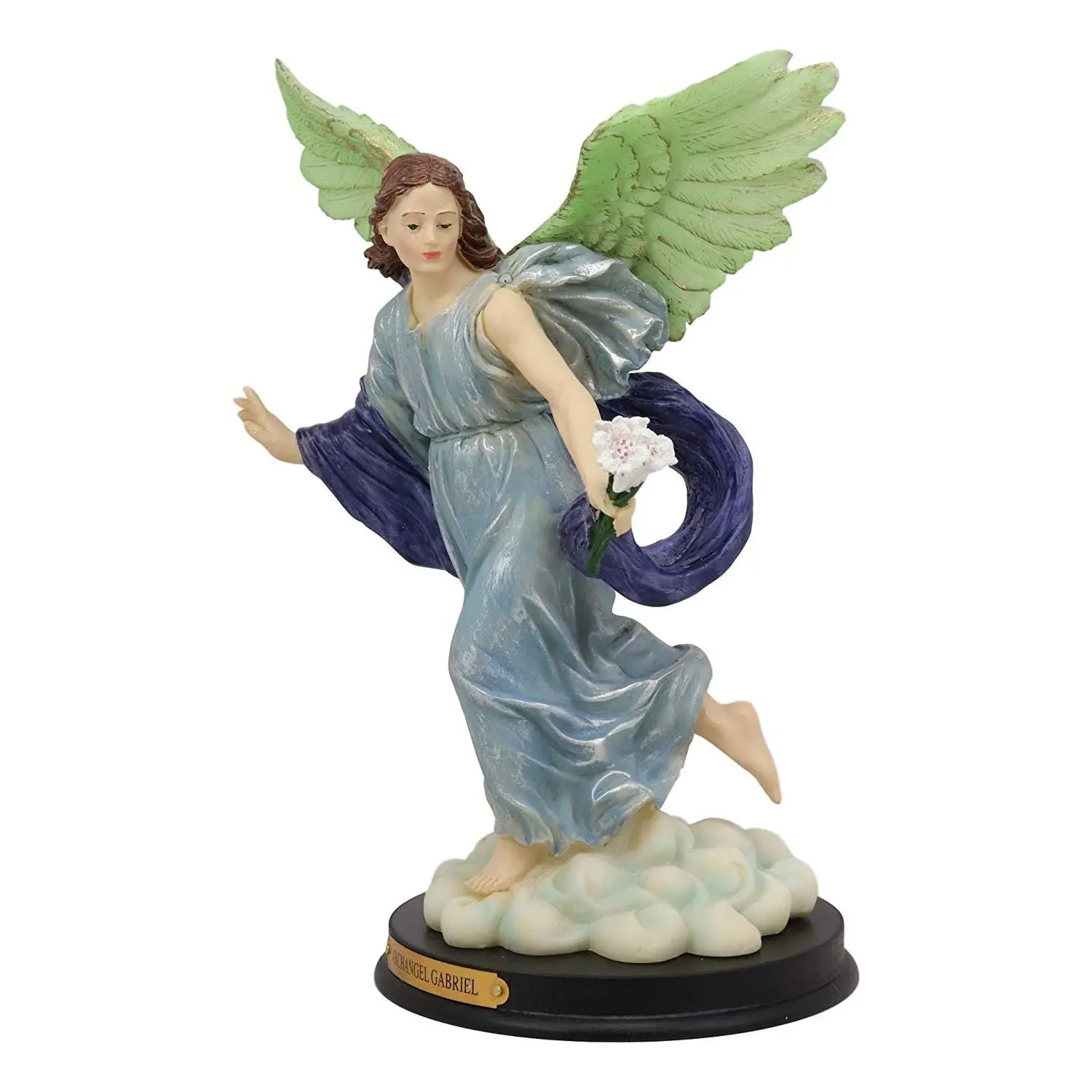 Religious Archangel Saint Gabriel Figurine, 10"H Catholic Church Statue with Brass Name Plate, Round Home Decor Room Accent