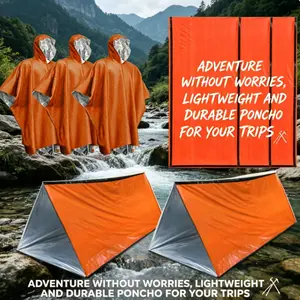 8-Piece Emergency Survival Kit, Includes 3 Insulated Rain Ponchos, 3 Sleeping Bags, 2 Shelter Tents, Lightweight & Foldable, Ideal for Camping, Hiking, Wilderness Exploring, Outdoor Survival Gear