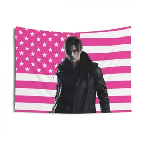Rough and Bearded Leon S. Kennedy 2026 Tapestries, Leon Kennedy Pink Flag, Leon S. Kennedy RE9 Video Game Indoor Wall Decor Tapestries