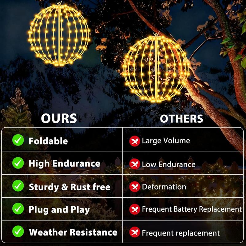 Foldable Large Christmas Ball Lights Diameter LED Decorative Balls Warm White 140 Bulbs Battery Powered 6 Hour Timer for Trees Hanging Strips Gardens Terraces Weddings