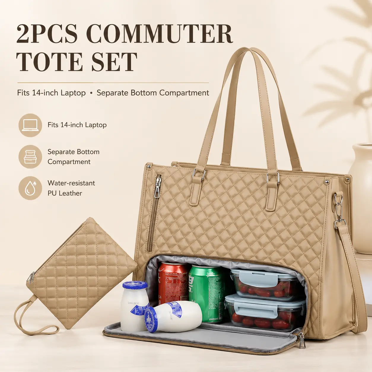 Women's Premium Quilted Leather 2-in-1 Laptop Tote - Work Bags for Women with Insulated Lunch Compartment, Matching Pouch, Shoulder Strap, Professional Office Commuter Carryall Fashionable Tote Bag, Work Bag, Bags For Work