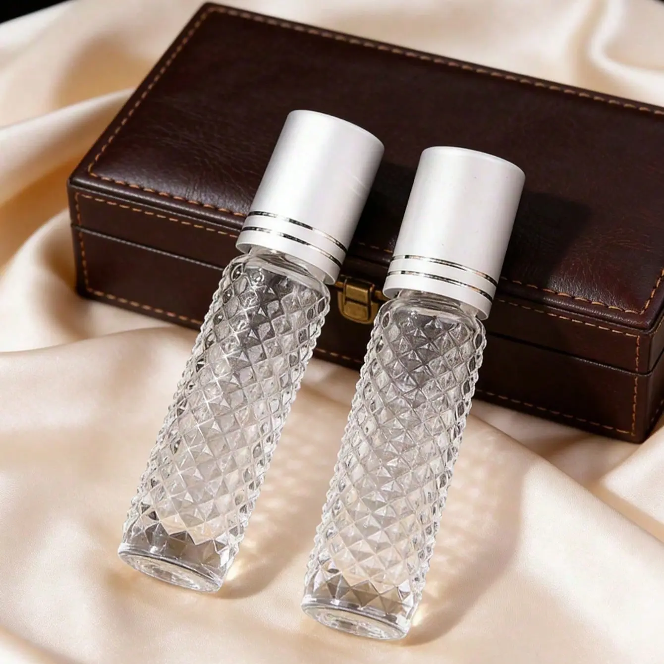 Silver Color Thick Transparent Glass Roller Ball Bottles, 10ML Reusable Leak-Proof Travel Containers, Includes Roller, Dropper, Pump Head