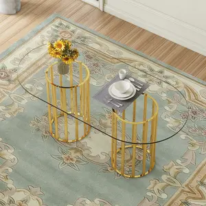 71 Inch Oval Tempered Glass Dining Table, Modern Light Luxury Gold Double Pedestal Kitchen Dining Table, Scratch Resistant Easy Clean Glass Top, Seats 6-8 for Dining Room Restaurant