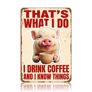 Luhery Funny Coffee Pig Metal Signs – HD Printed Cute Pig Drinking Coffee Wall Art, Retro Farmhouse funky home decor for Kitchen, Cafe, Living Room, Office, Waterproof Durable Metal, Easy to Hang, 8x12inch (20x30cm)
