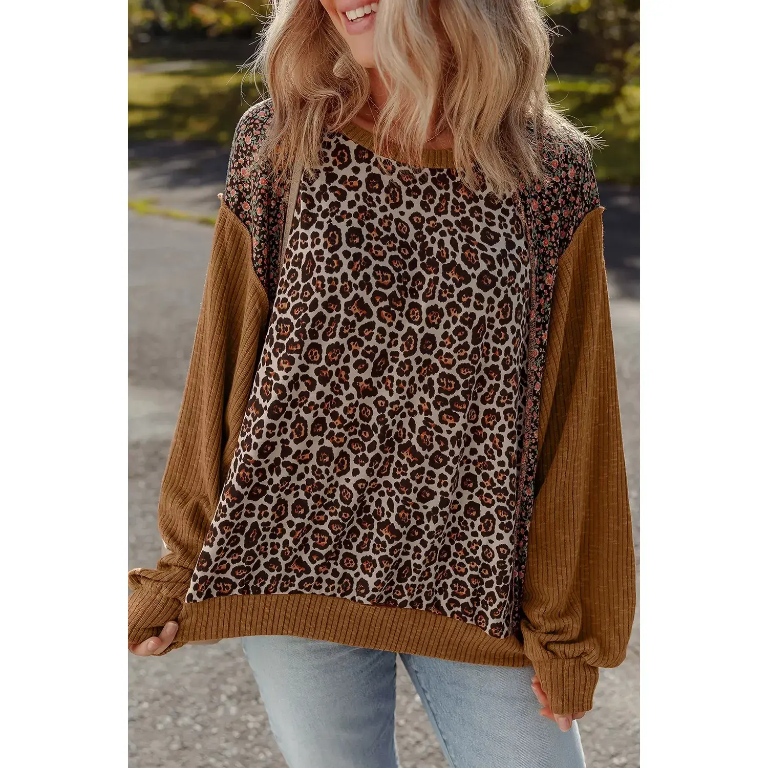 Leopard Floral Print Ribbed Puff Sleeve Patchwork Loose Sweatshirt