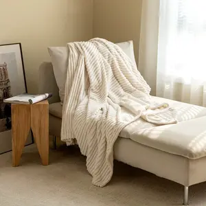 【Only 1 Gift Per Customer】【Random Color】Throw Blanket for Couch -  Soft & Warm Fluffy Beige White Blanket, Decorative and Giftable Striped Blankets for Women, Men
