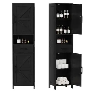 67" Tall Bathroom Storage Cabinet with 2 Barn Doors and 1 Drawer, Narrow Floor Cabinet with Adjustable Shelves for Living Room Entryway