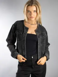 JESS by Meiko Women's Mini Collarless Denim Jacket