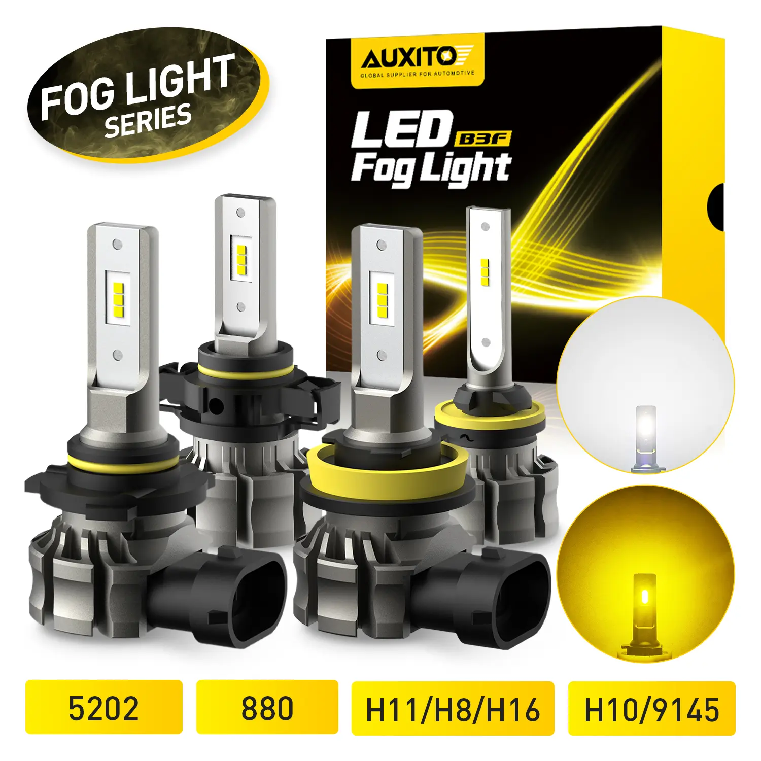 AUXITO H11/H8/H16 9145/H10 5202 880 LED Fog Light Bulbs, 6000 Lumens 6500K Cool White Light/3000K Amber Yellow Light, 300% Brightness 984 FT Strong Penetration Led Fog Lights, CSP LED Chips, DRL Replacement for Cars, Pack of 2