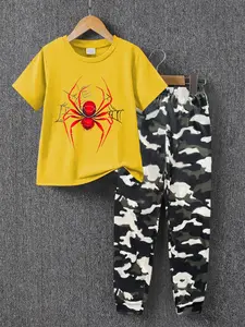 Boys' Summer Spider Print Casual Short Sleeve T-Shirt & Camo Sweatpants Set, Fashion Creative, Comfortable Boys' Clothing Gift