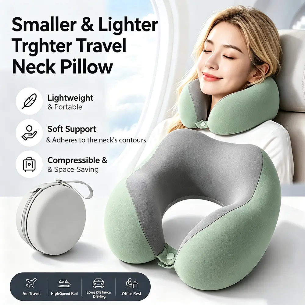 Soft travel U-shaped pillow designed to provide optimal comfort and neck support during long-haul flights car trips and train journeys.