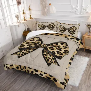 Leopard Print Bow Comforter Set (2/3 Piece, 1 Soft and Lightweight Comforter + 1/2 Pillowcases), Vintage Style Coquette Aesthetic Print Bedding, Soft Thin Bed Set for Teen & Girls' Bedroom, Ideal Gift