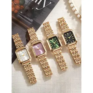 A set of trendy square women’s watches, gold watches for women with steel straps, quartz wristwatch