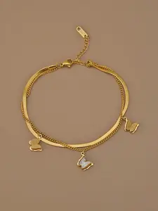 Gold Butterfly Anklet for Women, Dainty Double Layer Herringbone Chain Ankle Bracelet with Cubic Zirconia, Adjustable Summer Beach Foot Jewelry Gift for Girls