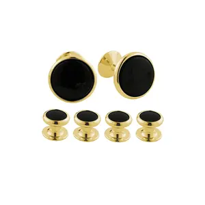 Brass Cuff Link & Stud Set in Yellow Brass/Onyx - Gold