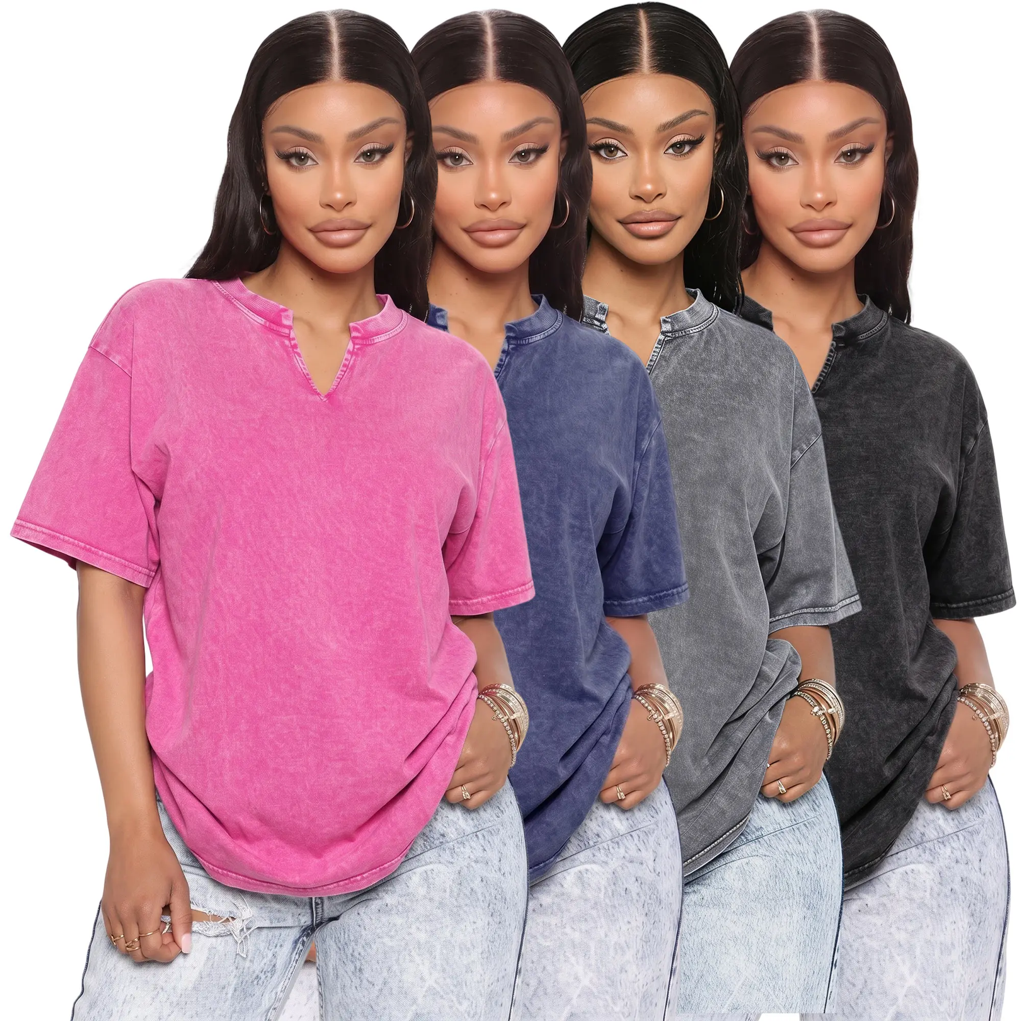 Women’s 4-pack pure cotton vintage washed distressed loose T-shirts featuring a small V-neck slit, short sleeves, and pockets—soft, casual summer streetwear for everyday wear.