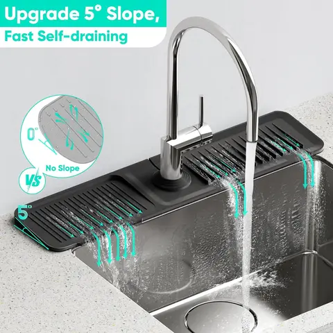 24-Inch Extended Silicone Faucet Mat, 5° Slope Fast Self-Draining Splash Guard for Home Kitchen & Bathroom, Home Care Supply for Area Tidiness