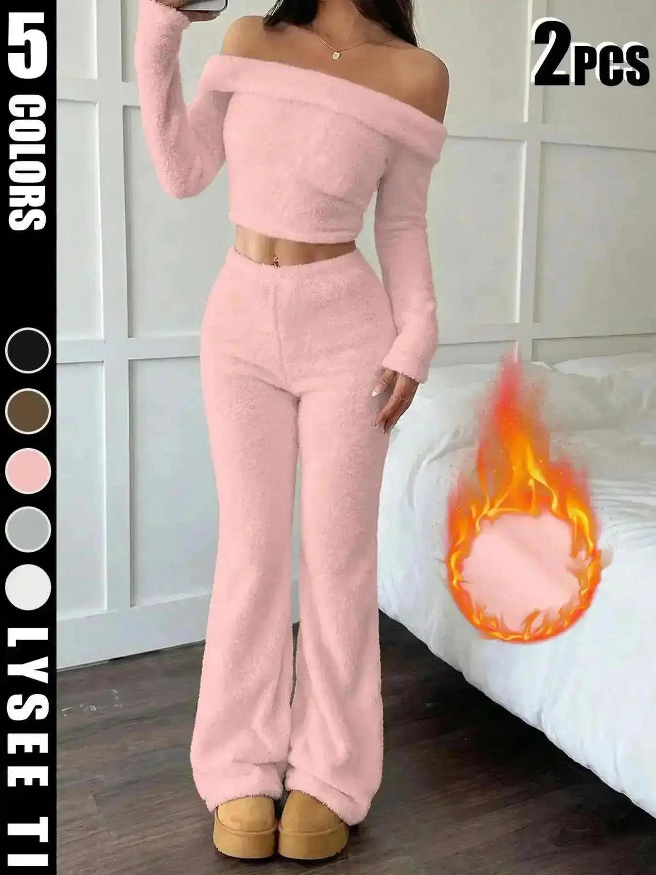 Fashion Autumn and winter women's soft plush Loose Casual suit, one shoulder Long Sleeve short top pants, milky white to show off temperament, suitable for both home outdoor activities, lazy yet fashionable, Loungewear