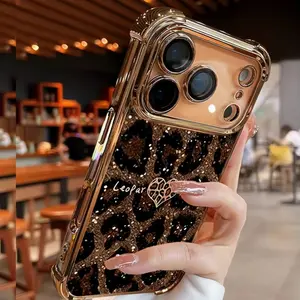 Leopard print luxury transparent electroplated four-corner airbag protective case, suitable for iPhone 17 Air/16/15/14/13/12 Pro Max/17/16/15/14 Plus/11, soft, anti-drop, shockproof, full coverage design