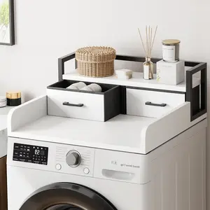 [FLASH SALE] Garvee 2-Tier Washer Dryer Countertop With Shelf And 2 Drawers, Laundry Hamper Counter Storage, Durable Engineered Wood, White, Space-Saving