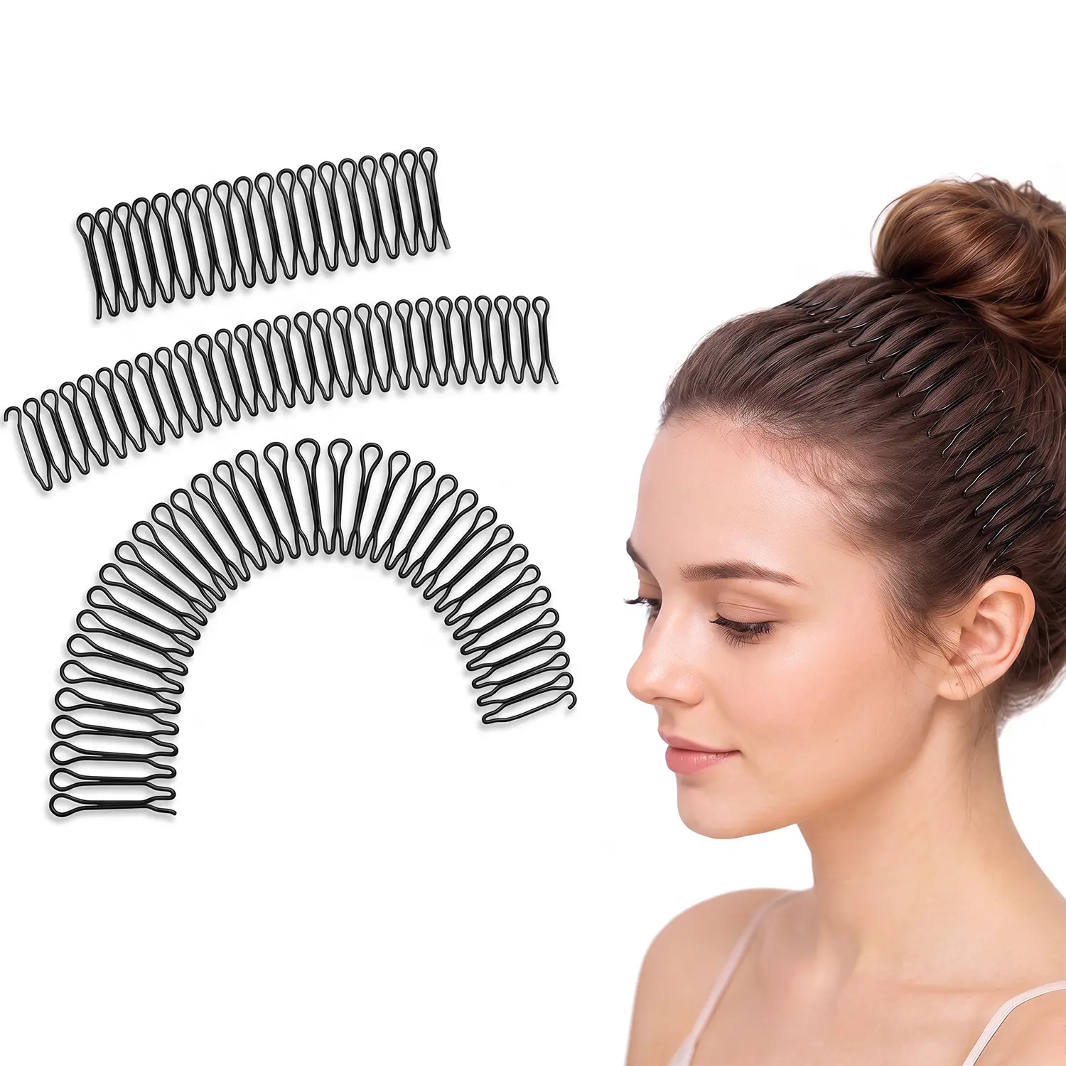 U Shape Hair Finishing Fixer Comb, 3 Pieces Bobby Bangs Holder Styling Tool Stretchable Hair Pin U Shape Wavy Comb Clips Spring Headband Circle Styling Black Pins Bun Hairpins for Women Girl