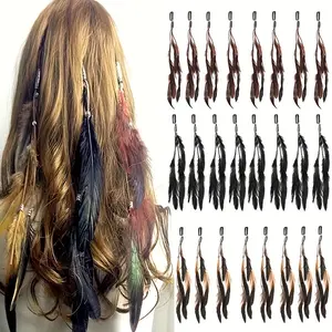 12/24pcs Women's Feather Tassel Hair Clip Retro Niche Sweet Beaded Feather Tassel BB Clip Decorative Headband Suitable for Daily Dressing