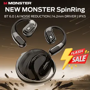 Monster SpinRing wireless Bluetooth earbuds, open-back design, Bluetooth 6.0 for clear calls, stylish rotating charging case with lanyard, Type-C charging, comfortable fit, 32 hour battery life, IPX5 waterproof, sports earbuds, a must-have for fitness.