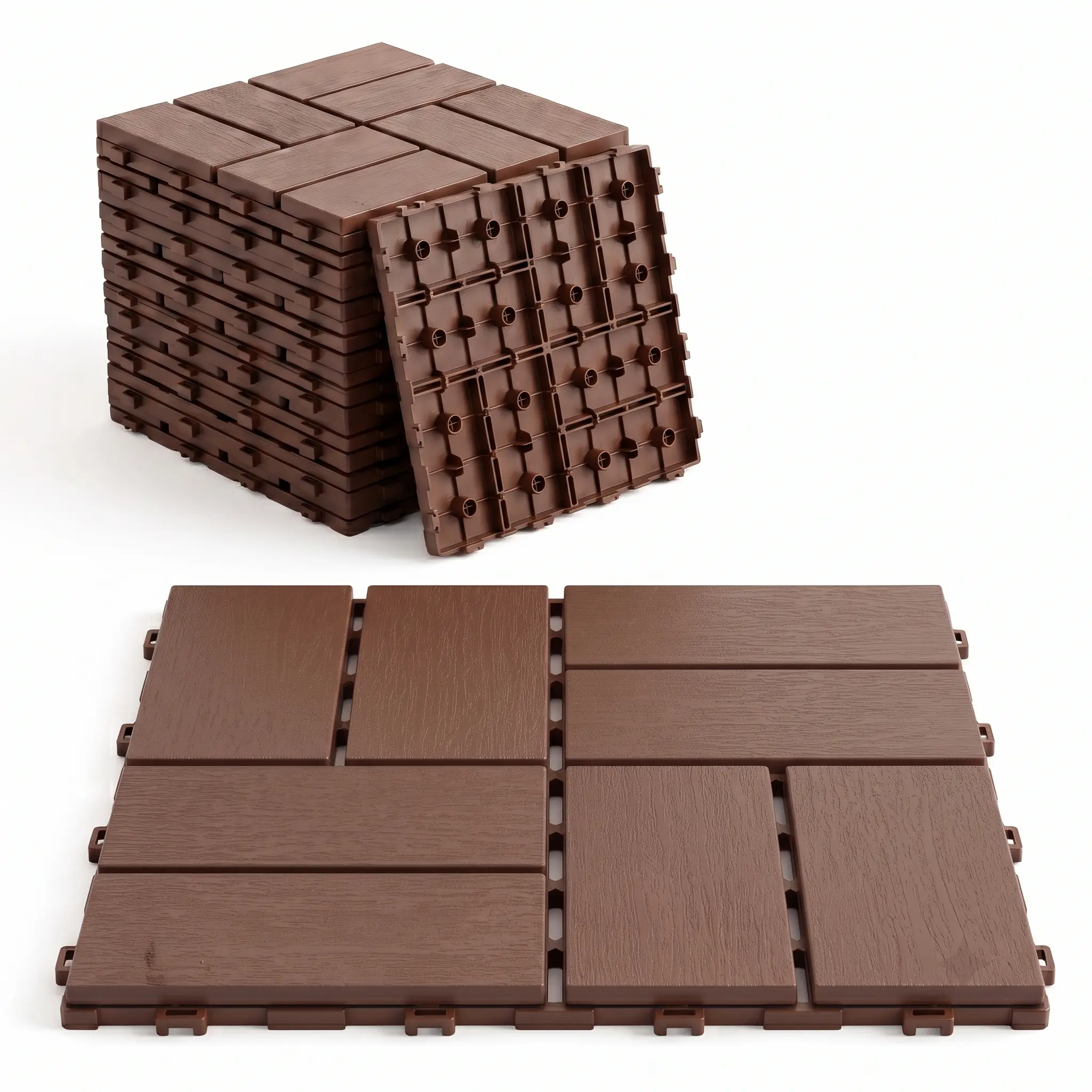 Brown Plastic Interlocking Snap-Together Deck Tiles, 44-Pack 12"x12" Waterproof Non-Slip Outdoor Patio Flooring, All-Weather Drainable for Poolside, Porch, Garden