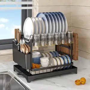 2-Tier Stainless Steel Dish Drying Rack, Space-Friendly Double-Decker Multifunctional Draining Board for Kitchen Counter, Dish Drying Racks, Double-Decker Draining Boards Adjustable Organizer Adjustable Organiser