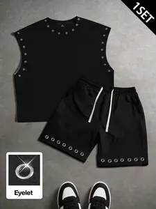 A men's two-piece set featuring a sleeveless T-shirt and shorts combination. Adorned with eyelet details, it exudes a strong punk aesthetic—perfect for parties, nightclubs, and various other occasions—making for a cool and stylish summer outfit.