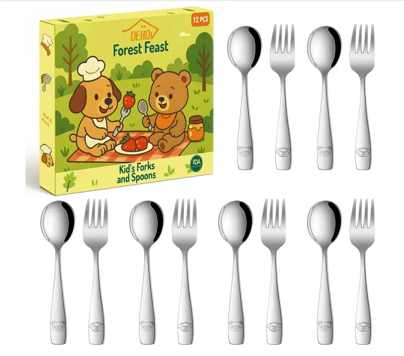 DEHOV Toddler Eating Utensils Set,Set Of 12 Food Grade Stainless Steel Silverware Sets For Kids,Dishwasher Safe Children Small Metal Spoons And Forks Flatware Sets