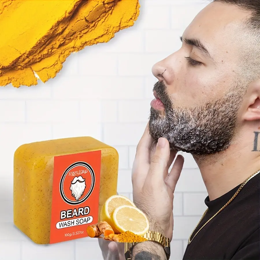 Men's Turmeric Beard Soap 100g, Multi-Use Facial & Body Cleanser, Deep Cleaning Shampoo & Conditioner, Gentle Exfoliating Scrub