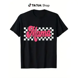 Mama Checkered Graphic T-Shirt - 100% Cotton, Black With Pink & White Design, Casual Crew Neck Tee For Men Women, Perfect For Mother'S Day, Halloween, Thanksgiving & Christmas Gifts