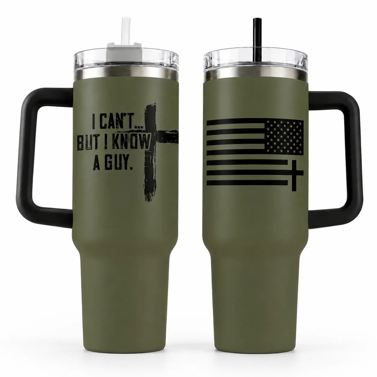 I Can’t But I Know A Guy Christian Tumbler 40oz 30oz, Faith Based Jesus Cross American Flag Cup, Funny Religious Drinkware Gift For Dad Men Women, Not Including The Straw Bottle Water Bottles