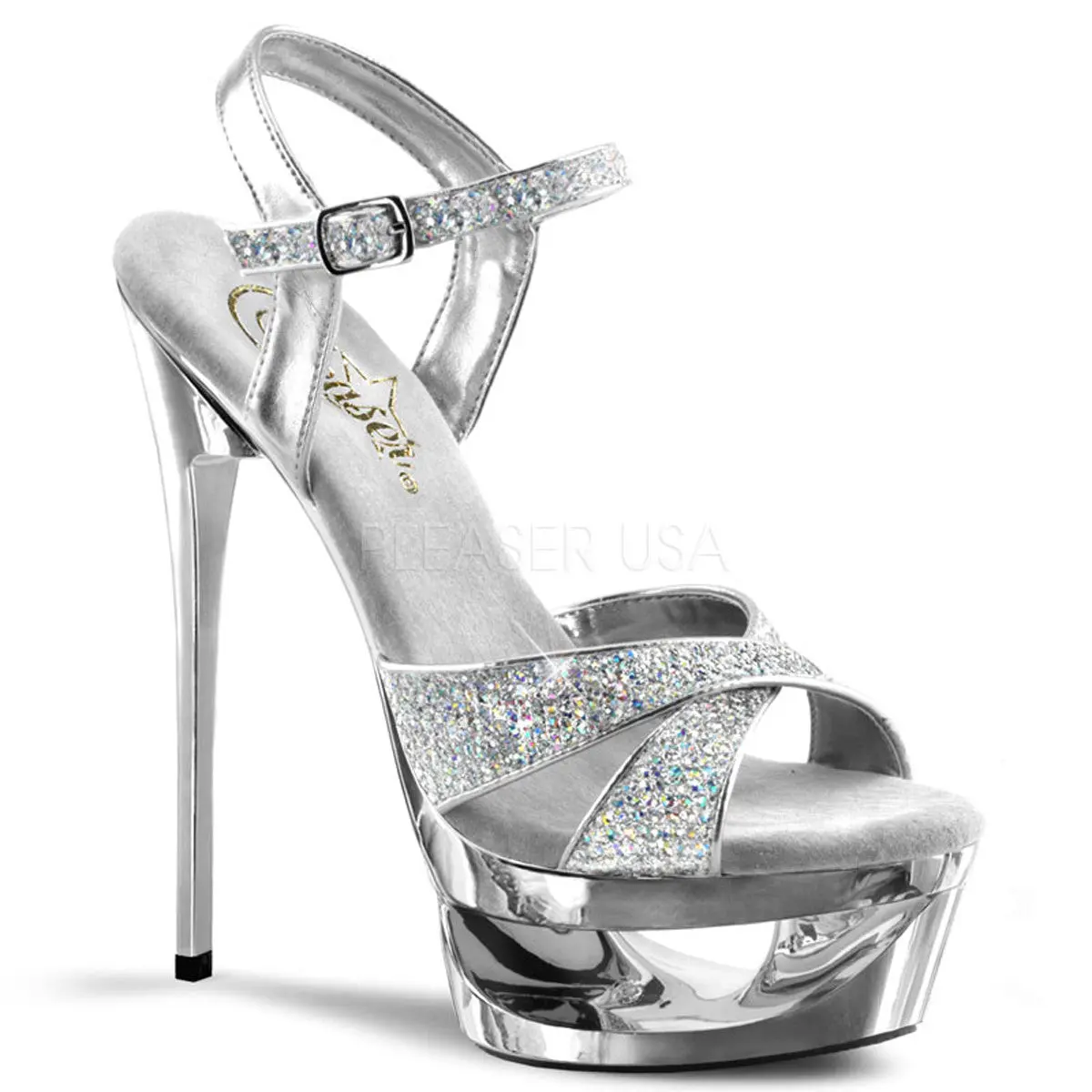 Women's Silver Glitter Platform Sandals, 6.5-Inch Stiletto Heel with 1.75-Inch Cut-Out Platform and Criss-Cross Ankle Strap, Footwear