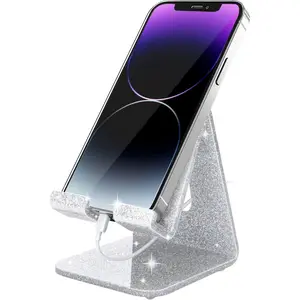 Acrylic Cell Phone Stand, Portable Phone Holder, Phone Stand for Desk, Compatible with Phone16 15 14 13 12 Pro Max Mini 11 Xr Plus SE, Switch, Android Smartphone, Pad, Tablet, Glitter Silver