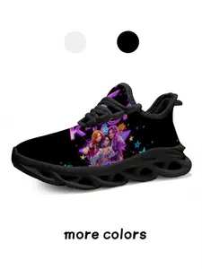 1 Pair Kids Soft & Elastic Thick Sole Sneakers Children's Day Gift Non-Slip Shock Absorption Campus Versatile Cool Black Purple Pink Shiny Girl Group Star Print Casual Shoes