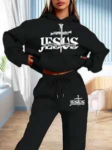 Jesus Cross Hoodie Set, Fall & Winter Casual Fitted Graphic Design, Comfortable Daily Wear, Faith Theme Clothing