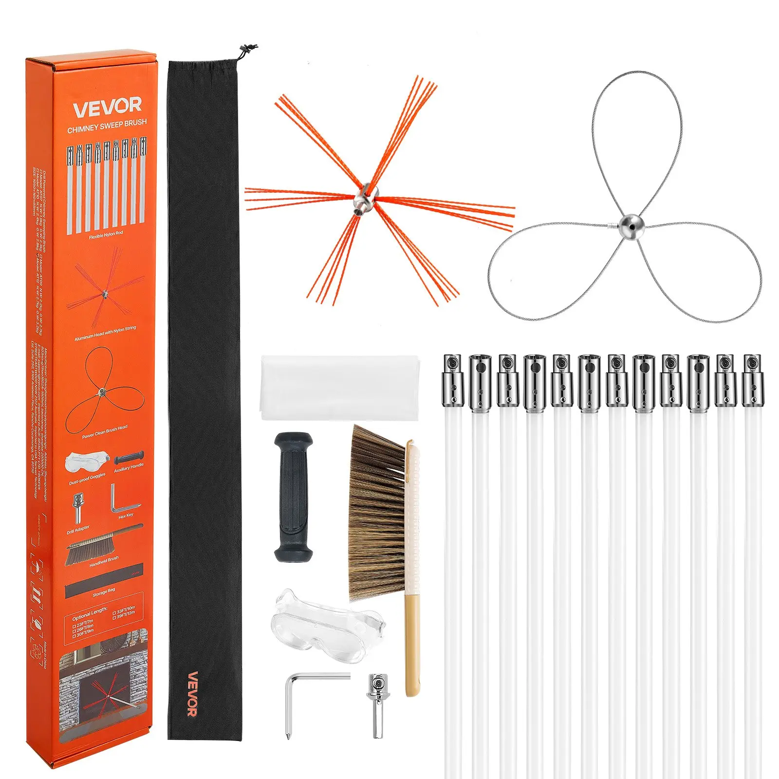 【Summerfinds】VEVOR AT12 Adjustable Multifunctional Fireplace Chimney Sweep Cleaner Tool Kit, 39 ft Max Extendable Steel-Aluminium Rod, 2 Replaceable 39-in Bendable Rotatable Nylon Fiber Dual Brushes, Square & Rectangle Accessory, 5.95 lbs, At12 Model, Ext