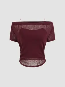 Cider Off-shoulder Ruched Short Sleeve Tee & Cami Top