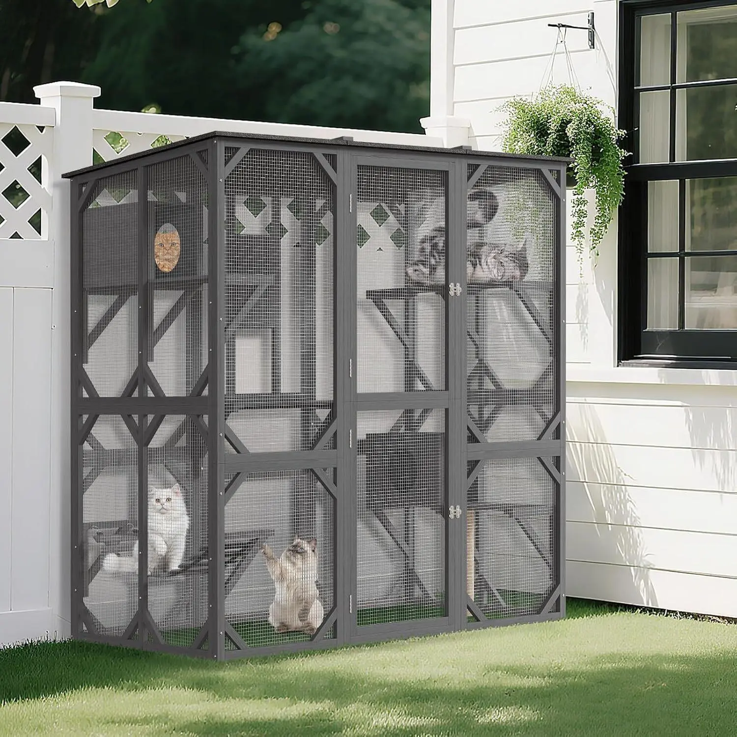 68in Walk-in Window Catio Outdoor 4 Tier Wooden Outdoor Cat Enclosure for Multiple Cats - Waterproof Wooden Cat Shelter with 4 Platforms 2 Sliding Doors Scratching Post UV Resistant